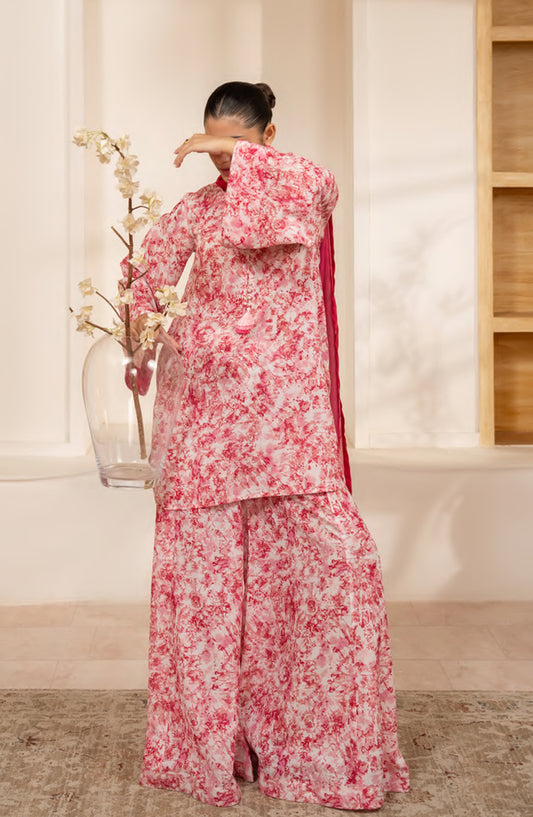 Janaan by Casual Lite Premium Printed Silk Viscose Stitched 3 Piece Suit - Rose Reverie - CL25JNN - Red - Casual Collection
