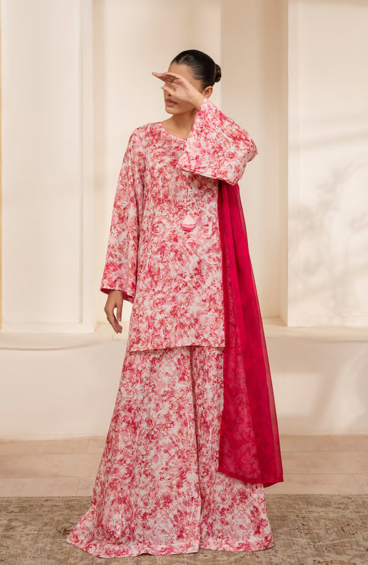 Janaan by Casual Lite Premium Printed Silk Viscose Stitched 3 Piece Suit - Rose Reverie - CL25JNN - Red - Casual Collection