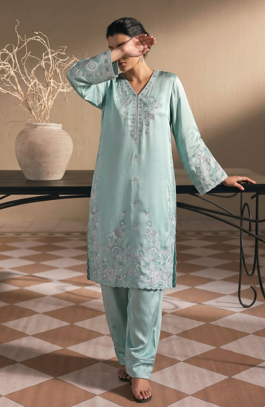 Jannah Noe by Amna Khadija Embroidered Silk Stitched 2 Piece Co-ord Set - JNLS-25 - AM26OEN - Blue - Summer Collection
