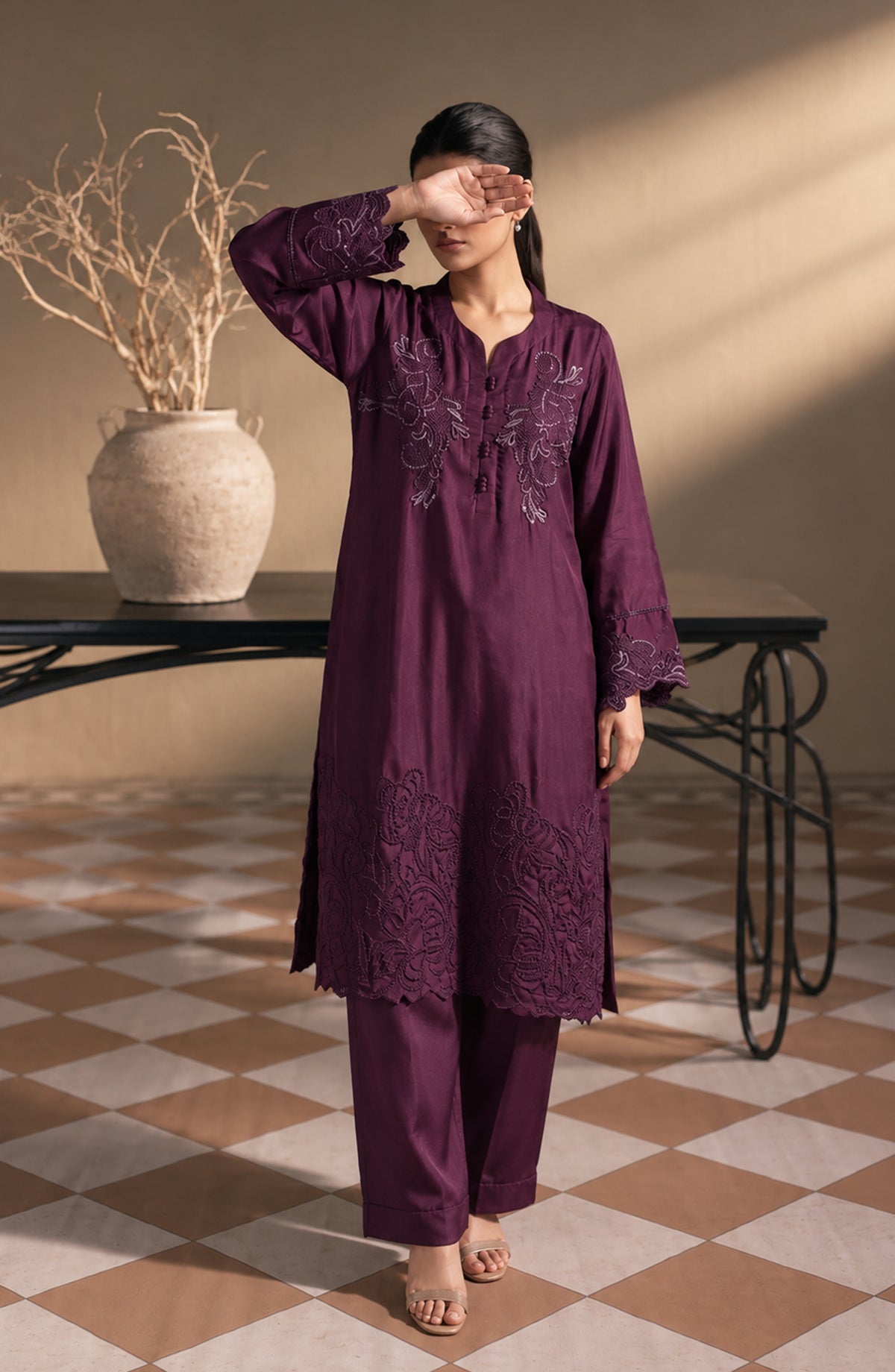 Jannah Noe by Amna Khadija Embroidered Silk Stitched 2 Piece Co-ord Set - JNLS-26 - AM26OEN - Purple - Summer Collection