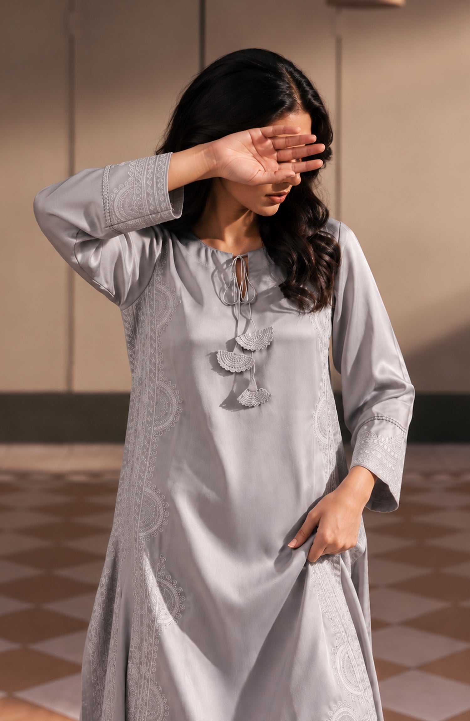 Jannah Noe by Amna Khadija Embroidered Silk Stitched 2 Piece Co-ord Set - JNLS-28 - AM26OEN - Grey - Summer Collection