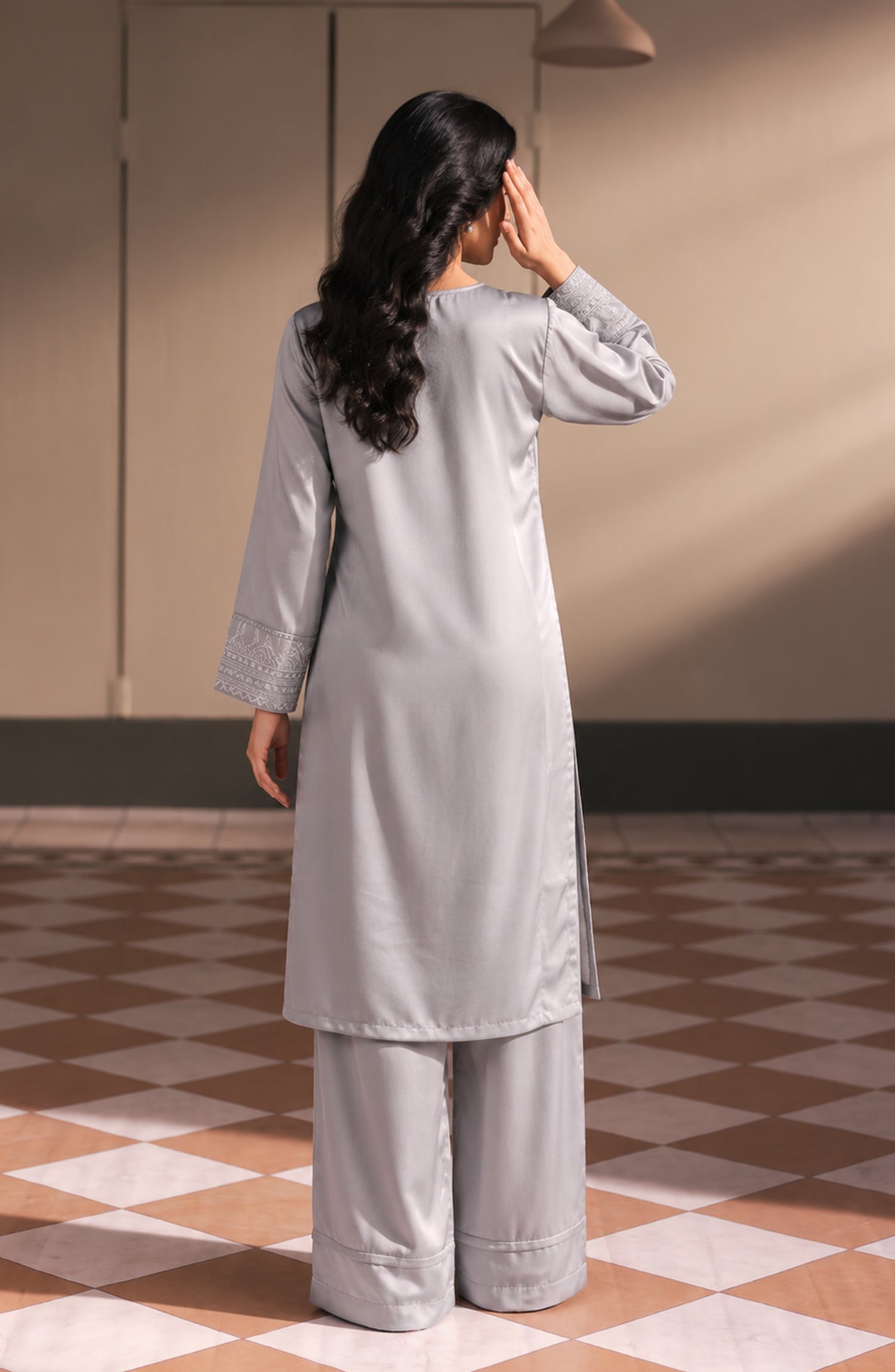 Jannah Noe by Amna Khadija Embroidered Silk Stitched 2 Piece Co-ord Set - JNLS-28 - AM26OEN - Grey - Summer Collection