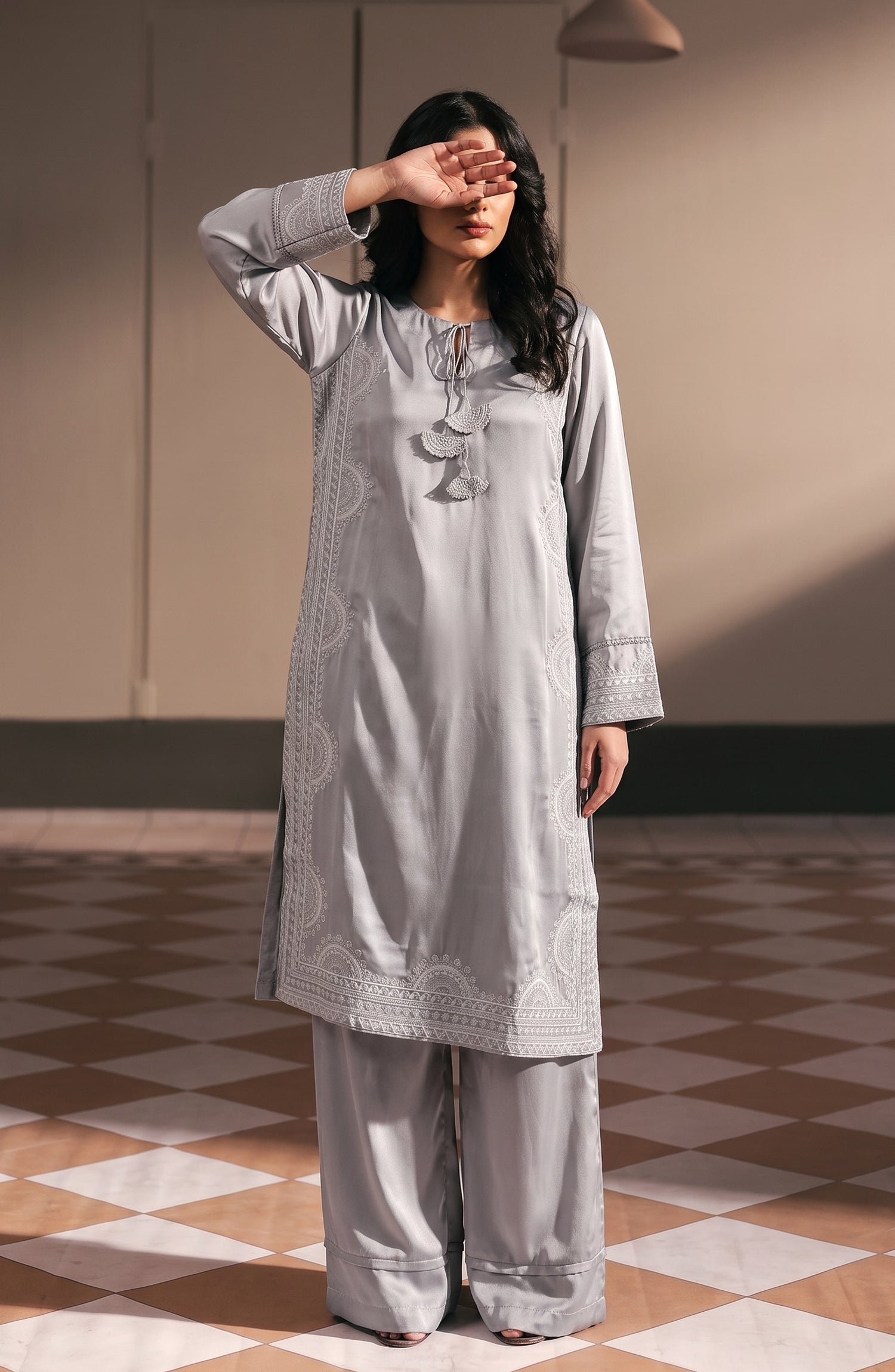 Jannah Noe by Amna Khadija Embroidered Silk Stitched 2 Piece Co-ord Set - JNLS-28 - AM26OEN - Grey - Summer Collection