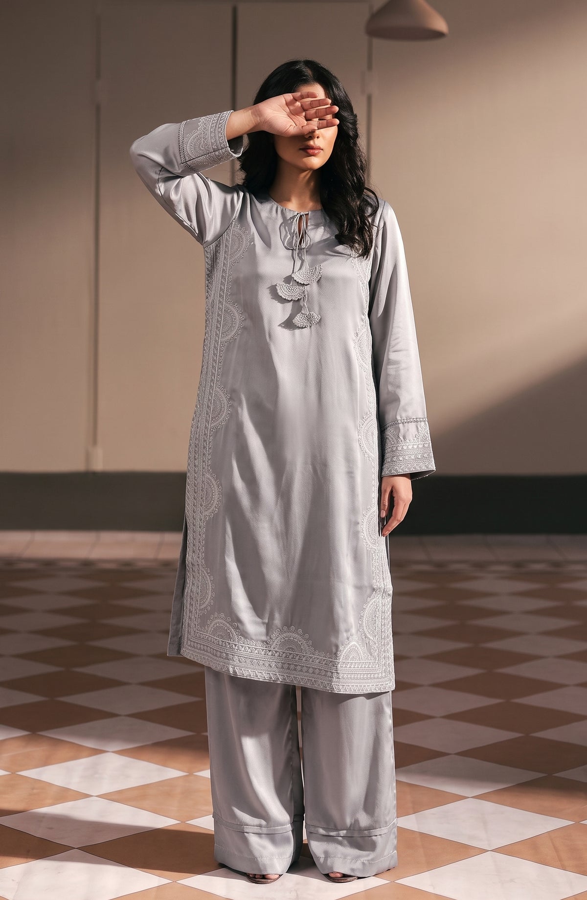 Jannah Noe by Amna Khadija Embroidered Silk Stitched 2 Piece Co-ord Set - JNLS-28 - AM26OEN - Grey - Summer Collection