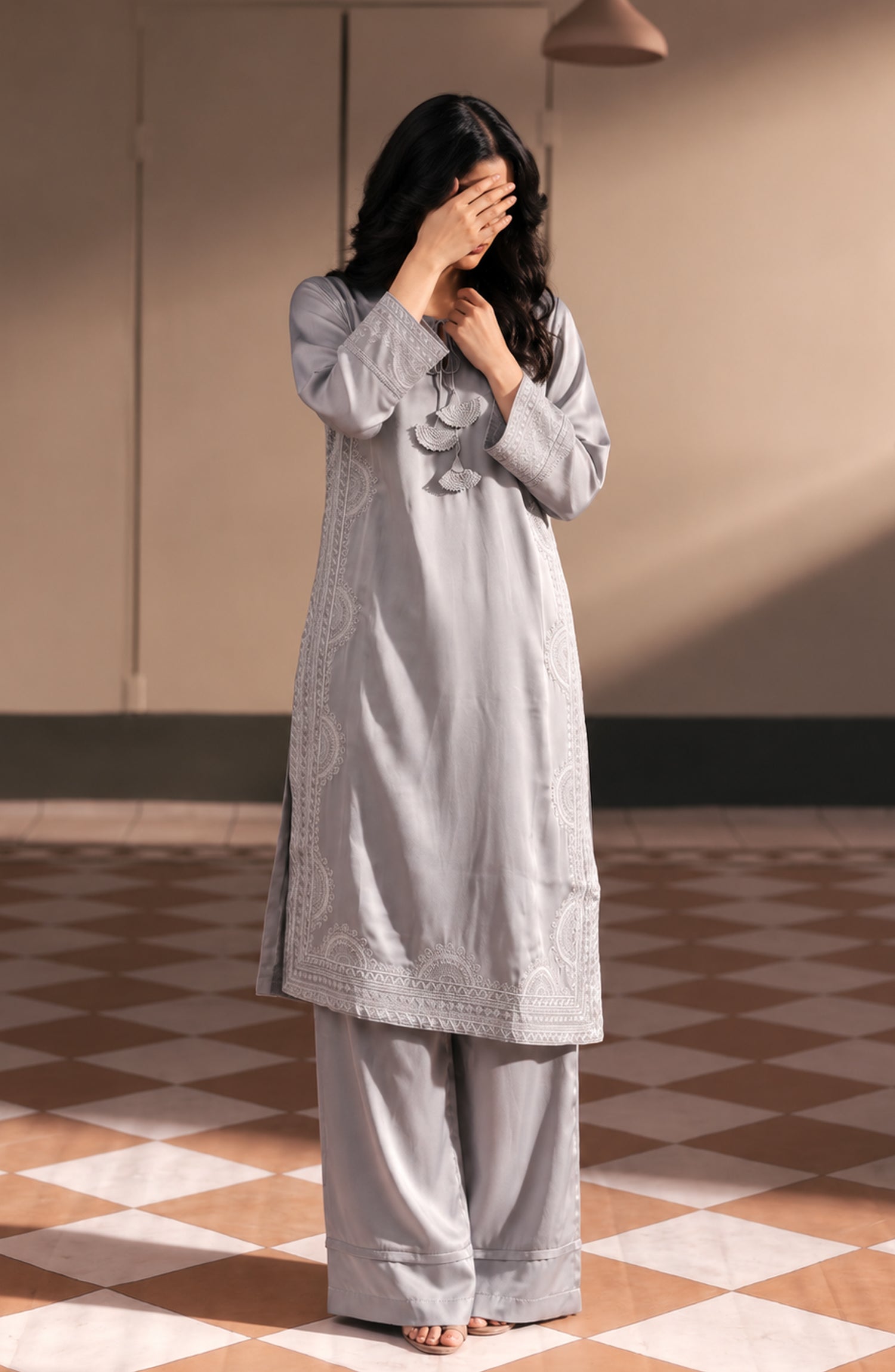 Jannah Noe by Amna Khadija Embroidered Silk Stitched 2 Piece Co-ord Set - JNLS-28 - AM26OEN - Grey - Summer Collection