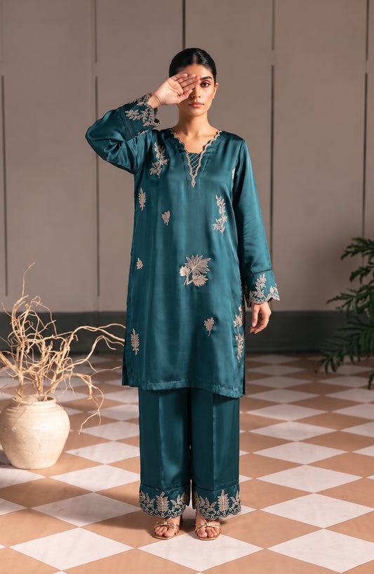 Jannah Noe by Amna Khadija Embroidered Silk Stitched 2 Piece Co-ord Set - JNLS-29 - AM26OEN - Teal - Summer Collection