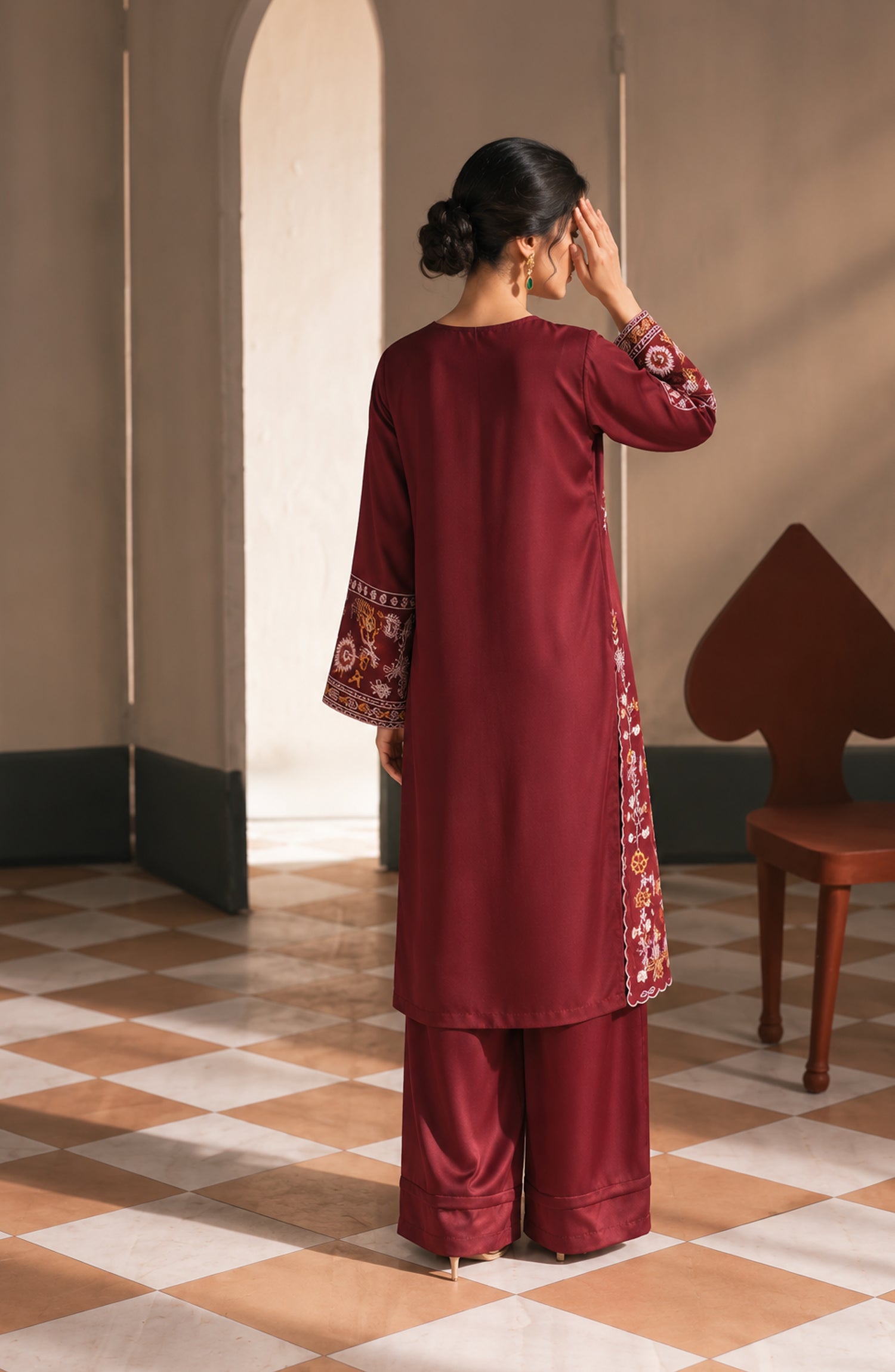 Jannah Noe by Amna Khadija Embroidered Silk Stitched 2 Piece Co-ord Set - JNLS-31 - AM26OEN - Red - Summer Collection