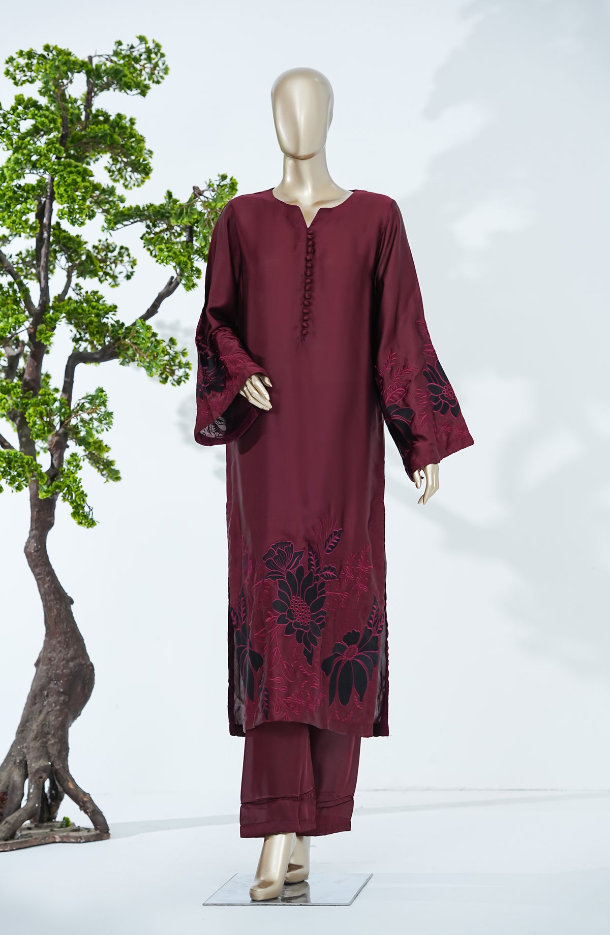 Jannah Noe by Amna Khadija Embroidered Shamooz Silk Stitched 2 Piece Suit - JNLS-01 - AM26JNLS - Maroon - Festive Collection