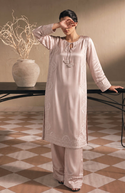 Jannah Noe by Amna Khadija Embroidered Silk Stitched 2 Piece Co-ord Set - JNLS-30 - AM26OEN - Pink - Summer Collection