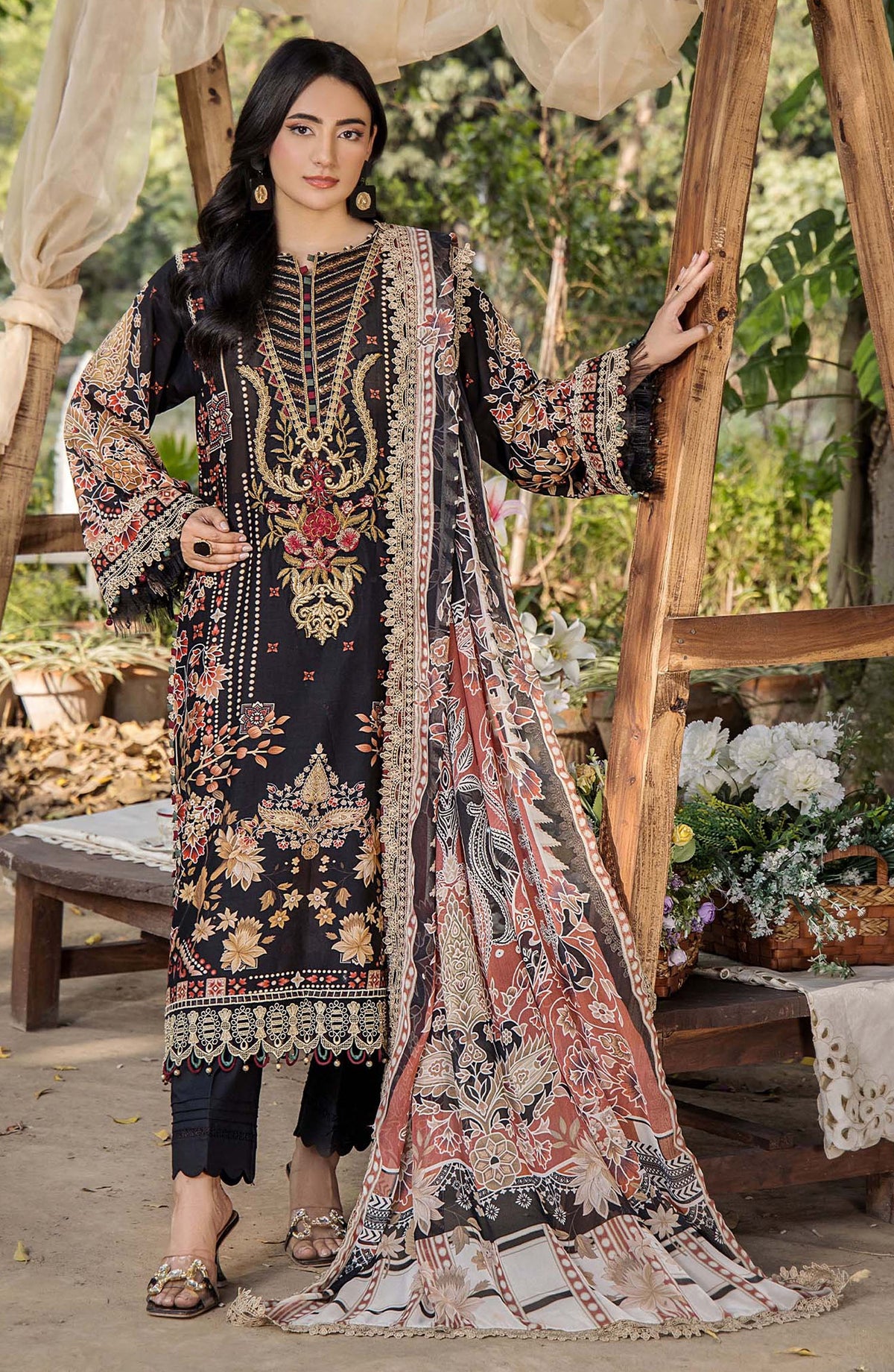 Jasmine by Adans Libas Embroidered Lawn Unstitched 3 Piece Suit - D-2369 - ADL25JS - Black - Summer Collection