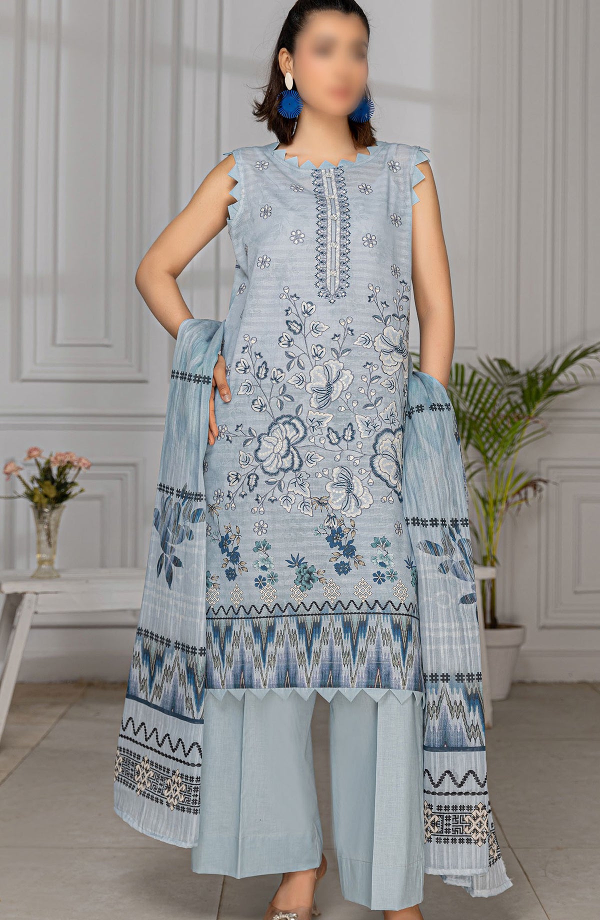 Jasmine Embroidered Lawn Unstitched 3 Piece Suit - Design-10 - AK25JS10 - Blue - Summer Collection