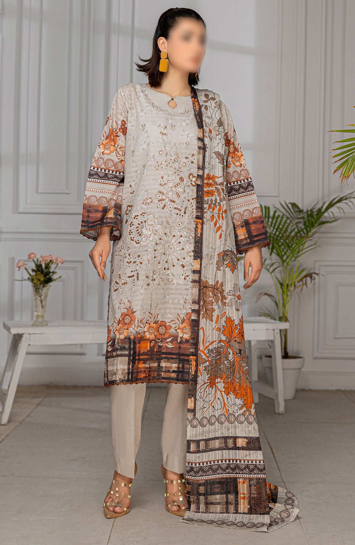 Jasmine Embroidered Lawn Unstitched 3 Piece Suit - Design-08 - AK25JS10 - Grey - Summer Collection