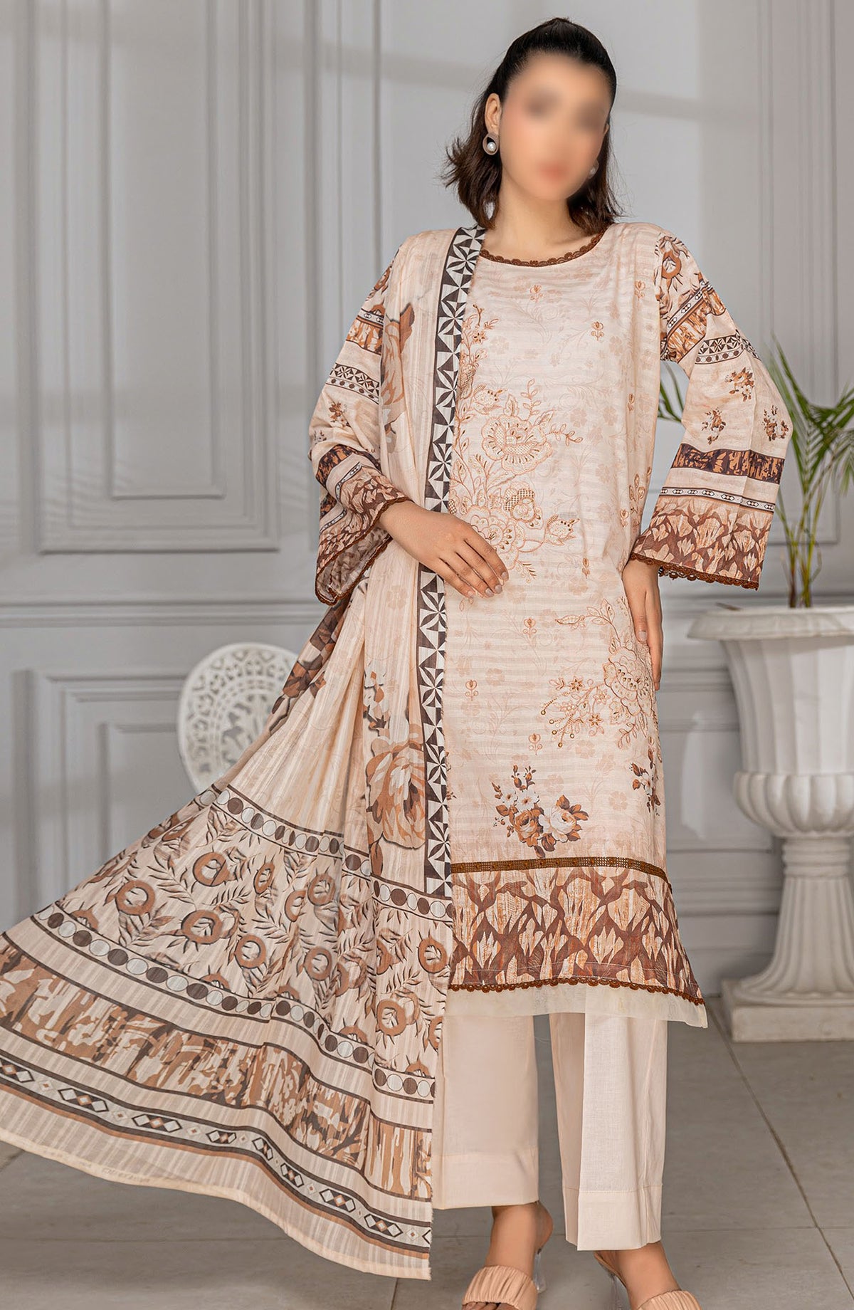 Jasmine Embroidered Lawn Unstitched 3 Piece Suit - Design-06 - AK25JS10 - Brown - Summer Collection