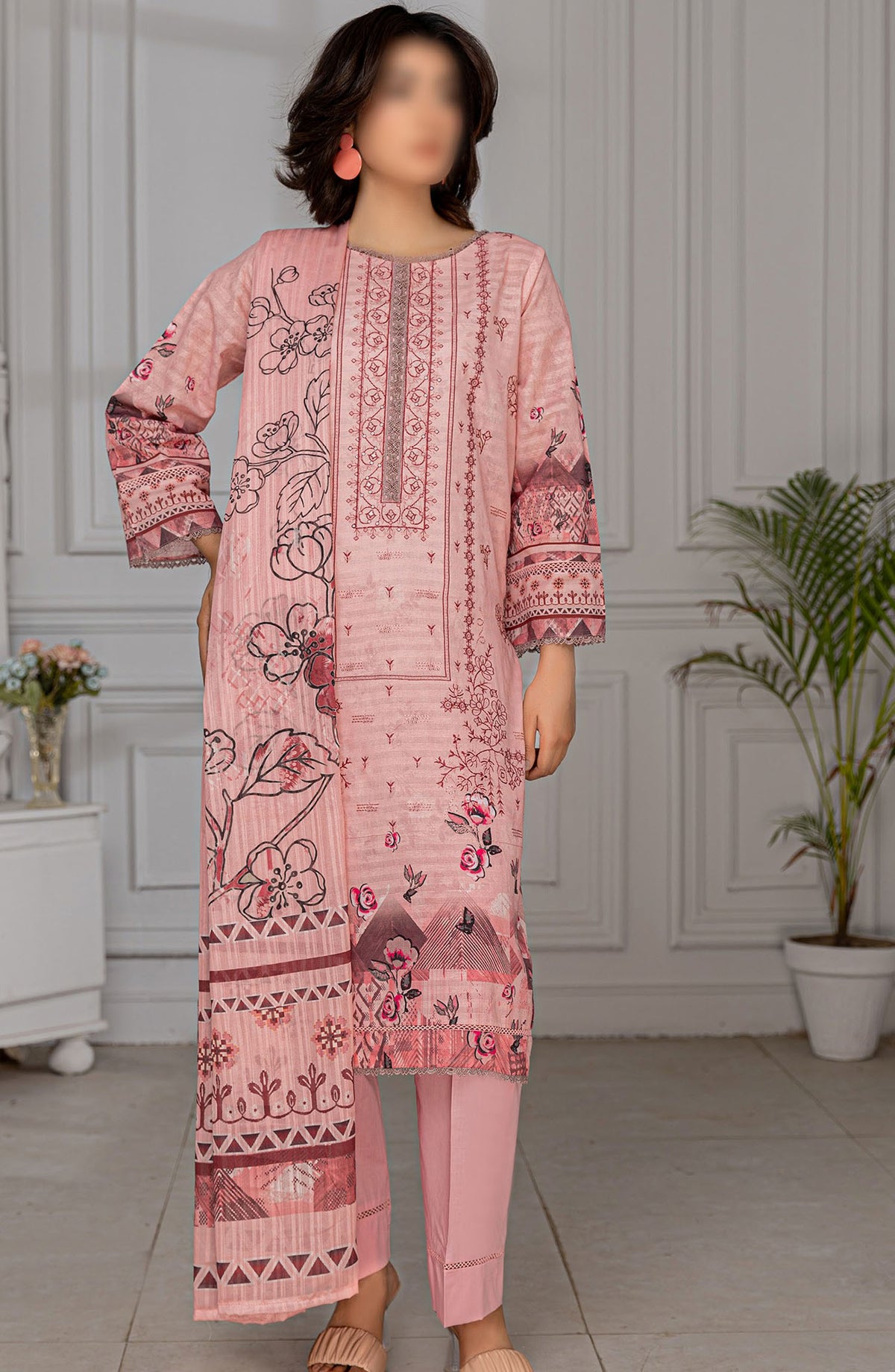 Jasmine Embroidered Lawn Unstitched 3 Piece Suit - Design-03 - AK25JS10 - Pink - Summer Collection