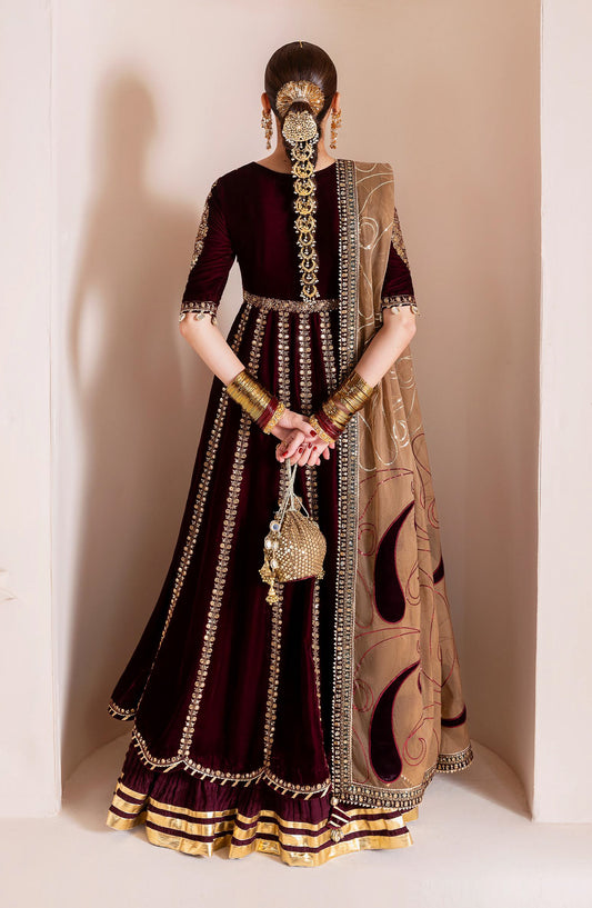 Jazmin Chandani Luxury Embroidered Velvet Unstitched 3 Piece Suit - CVF D-12 - JZ25CHN - Maroon - Formals Collection