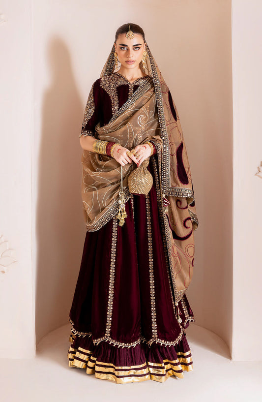 Jazmin Chandani Luxury Embroidered Velvet Unstitched 3 Piece Suit - CVF D-12 - JZ25CHN - Maroon - Formals Collection