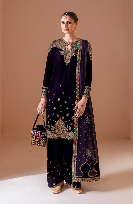 Jazmin Chandani Luxury Embroidered Velvet Unstitched 3 Piece Suit - CVF D-08 - JZ25CHN - Blue - Formals Collection