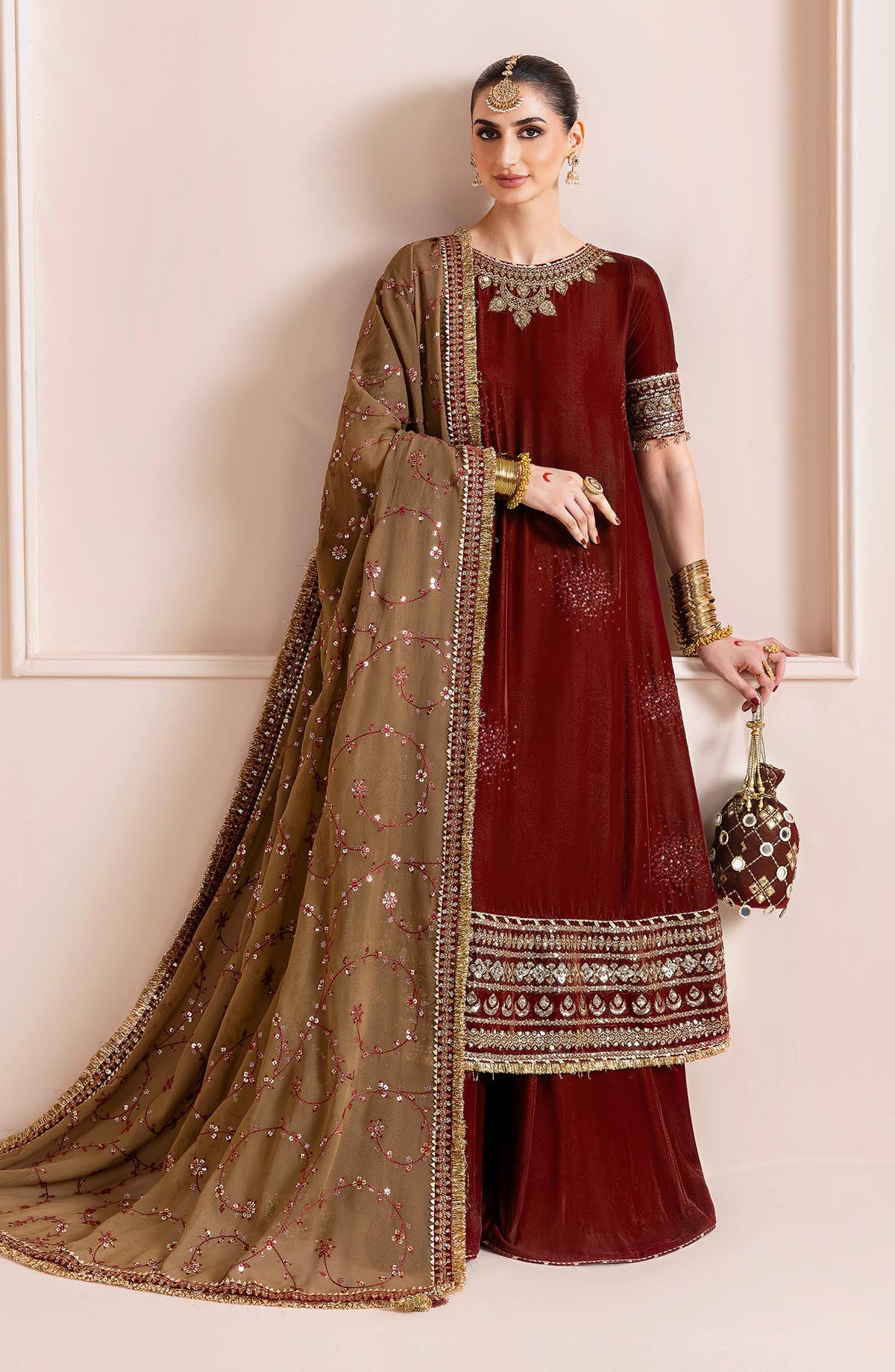 Jazmin Chandani Luxury Embroidered Velvet Unstitched 3 Piece Suit - CVF D-13 - JZ25CHN - Rust - Formals Collection