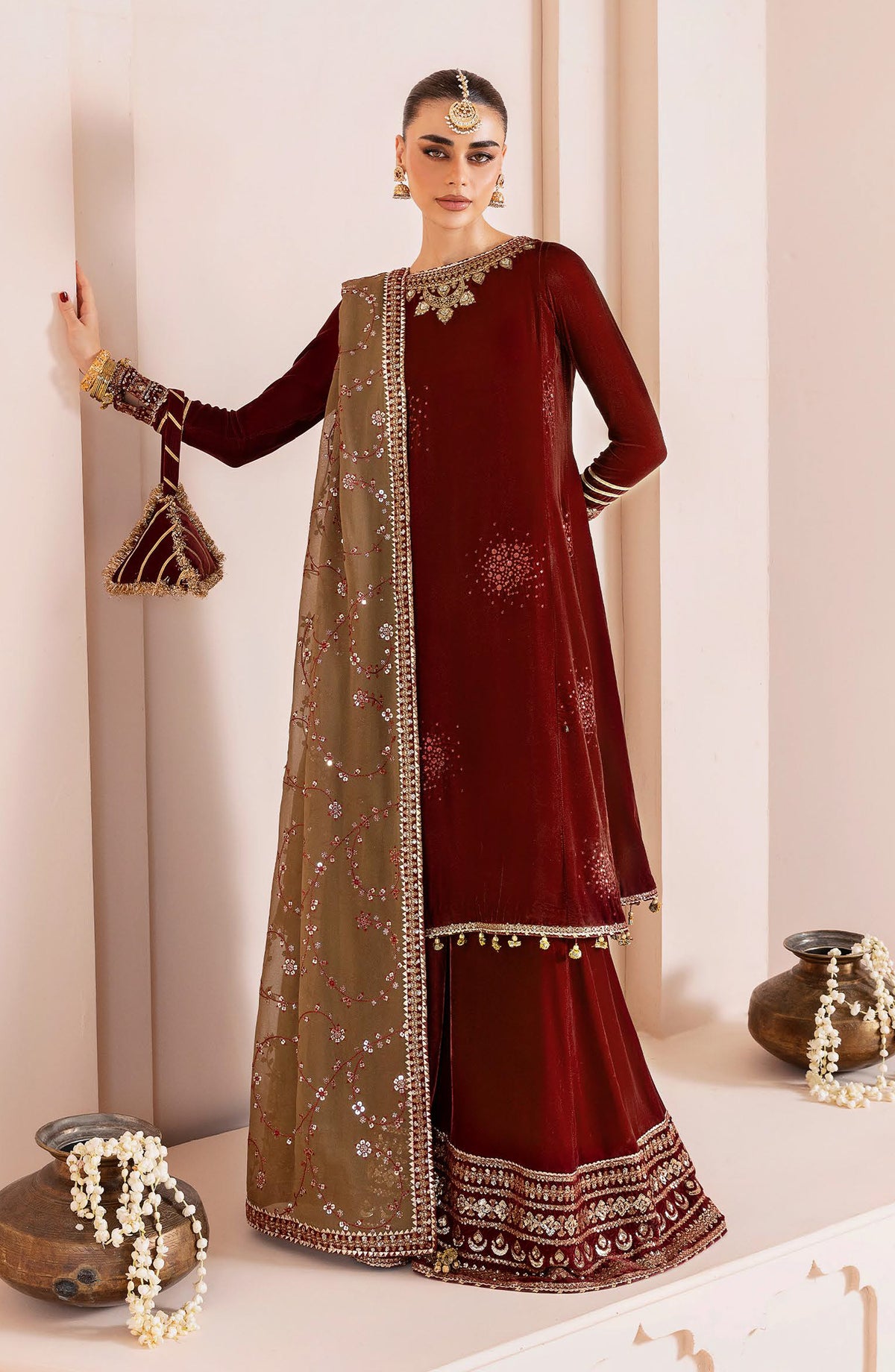 Jazmin Chandani Luxury Embroidered Velvet Unstitched 3 Piece Suit - CVF D-07 - JZ25CHN - Rust - Formals Collection