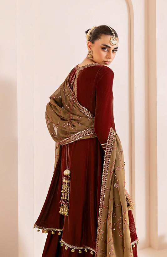 Jazmin Chandani Luxury Embroidered Velvet Unstitched 3 Piece Suit - CVF D-07 - JZ25CHN - Rust - Formals Collection