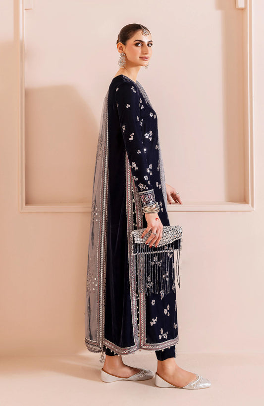 Jazmin Chandani Luxury Embroidered Velvet Unstitched 3 Piece Suit - CVF D-03 - JZ25CHN - Blue - Formals Collection