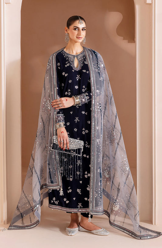 Jazmin Chandani Luxury Embroidered Velvet Unstitched 3 Piece Suit - CVF D-03 - JZ25CHN - Blue - Formals Collection
