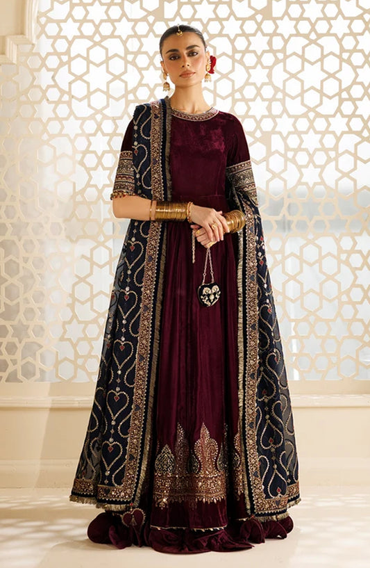 Jazmin Chandni Embroidered Velvet Unstitched 3 Piece Suit - D04 - JZ26CD - Maroon - Winter Collection