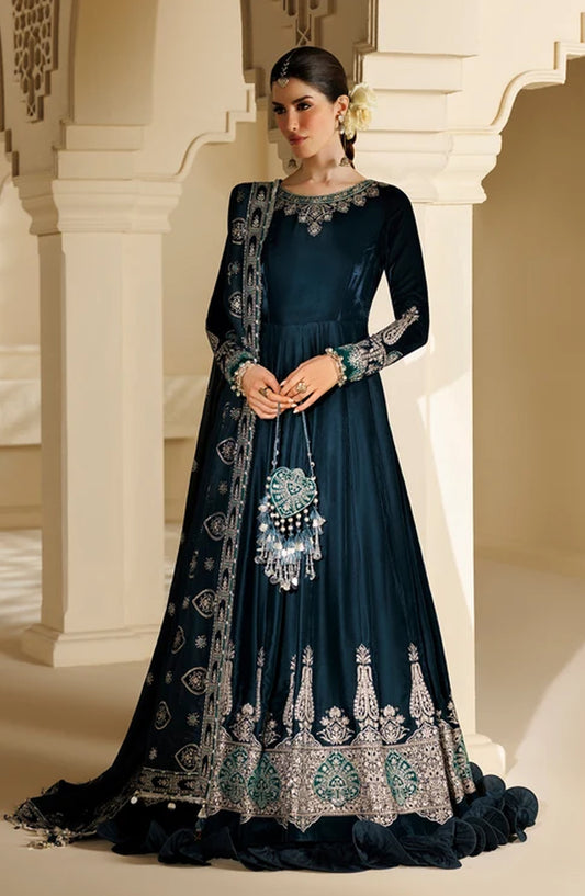 Jazmin Chandni Embroidered Velvet Unstitched 3 Piece Suit - D09 - JZ26CD - Blue - Winter Collection