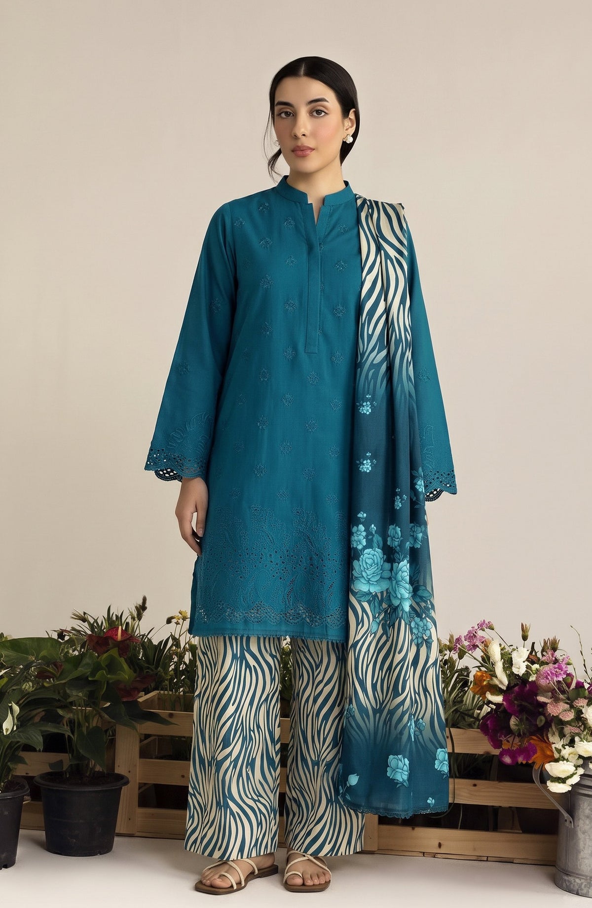Jeem by Al Karim Chikankari Khaddar Unstitched 3 Piece Suit - D-06 - AK26KJ - Teal - Winter Collection