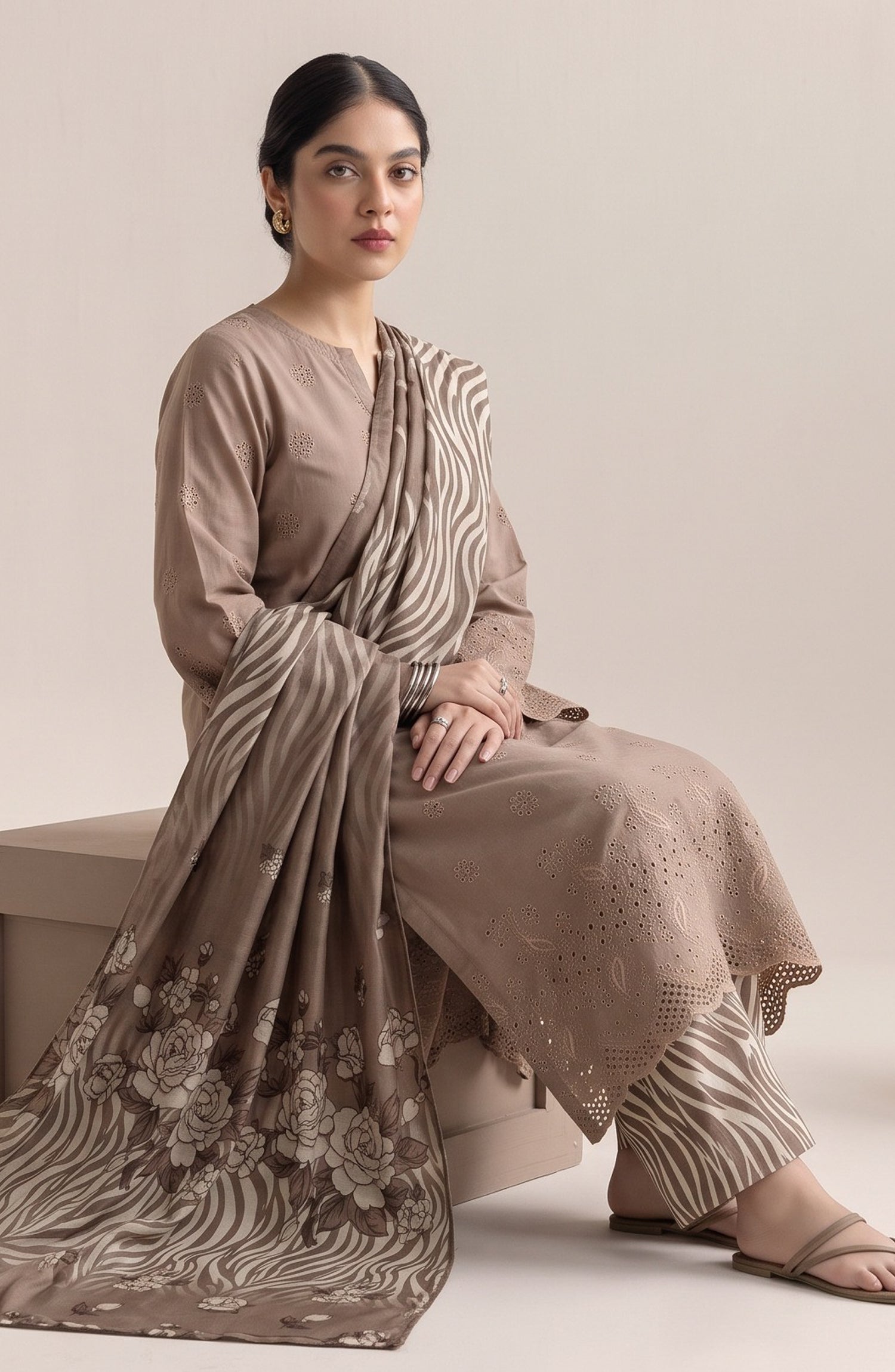 Jeem by Al Karim Chikankari Khaddar Unstitched 3 Piece Suit - D-08 - AK26KJ - Beige - Winter Collection