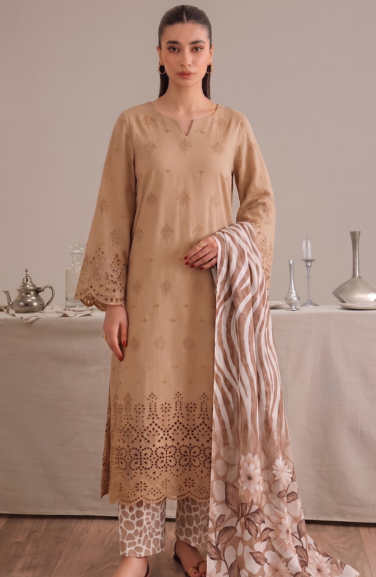 Jeem by Al Karim Chikankari Lawn Unstitched 3 Piece Suit - D-08 - AK26MLW - Fawn - Summer Collection