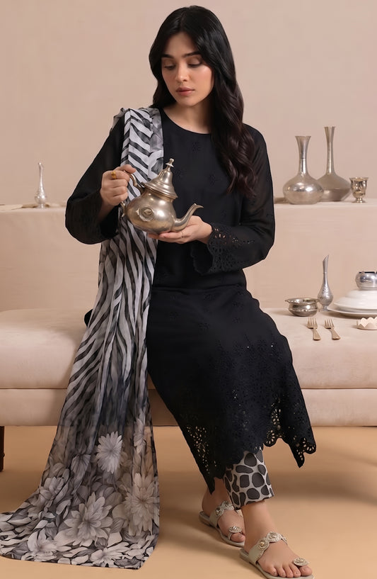 Jeem by Al Karim Chikankari Lawn Unstitched 3 Piece Suit - D-07 - AK26MLW - Black - Summer Collection