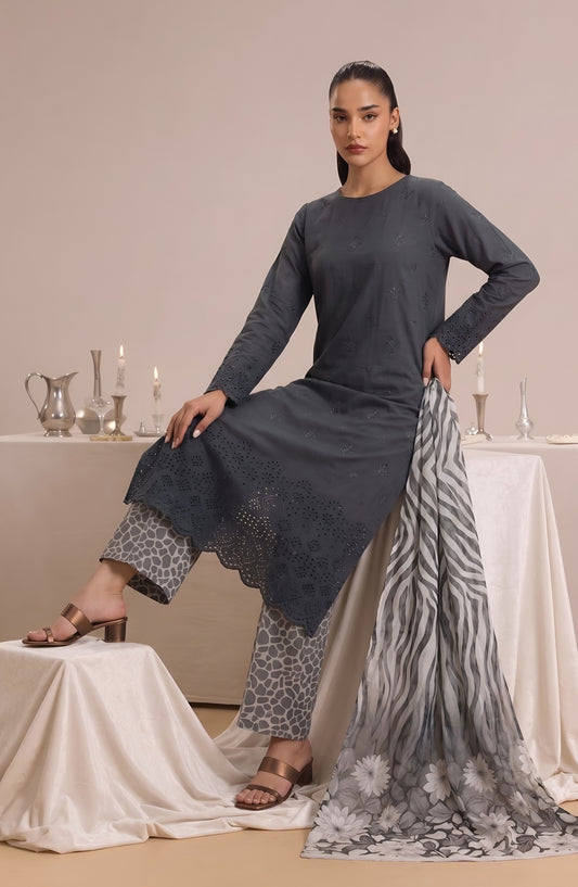 Jeem by Al Karim Chikankari Lawn Unstitched 3 Piece Suit - D-06 - AK26MLW - Grey - Summer Collection