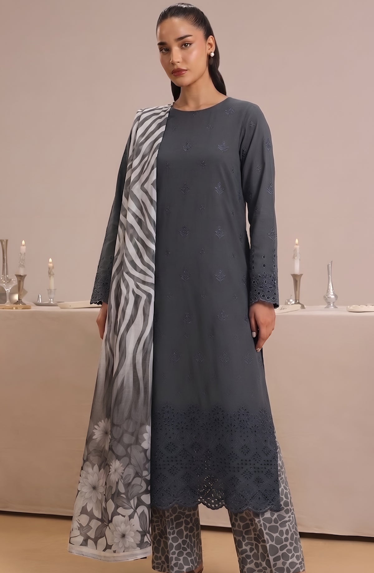 Jeem by Al Karim Chikankari Lawn Unstitched 3 Piece Suit - D-06 - AK26MLW - Grey - Summer Collection