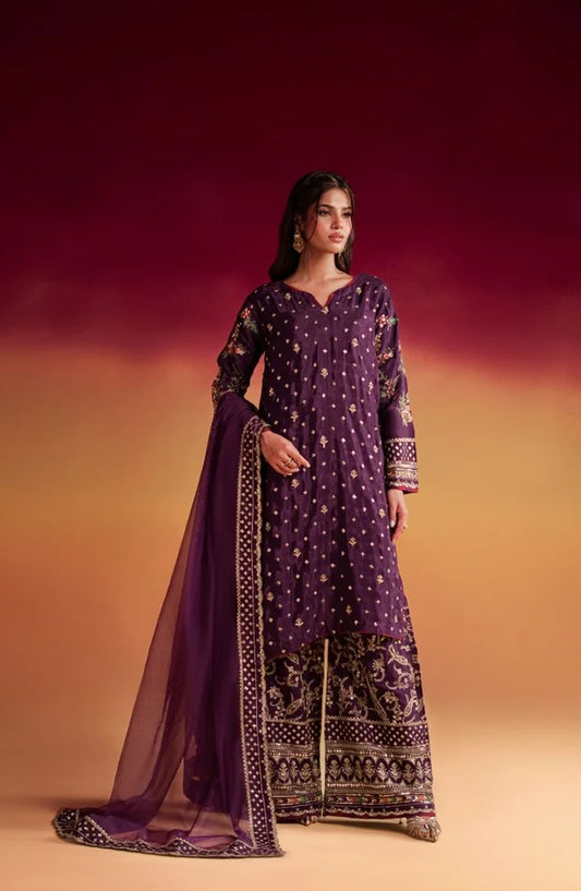 Jhilmil by Al Karim Embroidered Silk Stitched 3 Piece Suit - OPTIM VX-201 - AK26JHL - Purple - Festive Collection