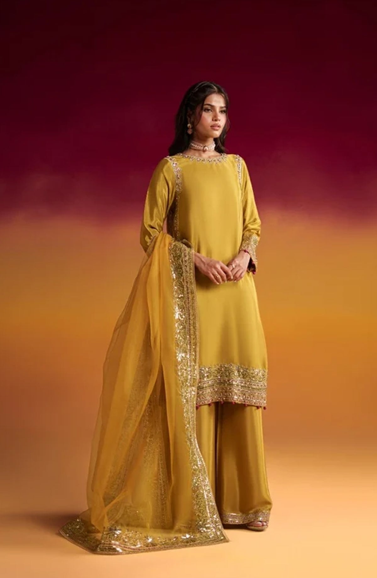 Jhilmil by Al Karim Embroidered Silk Stitched 3 Piece Suit - ARSH VX-200 - AK26JHL - Mustard - Festive Collection