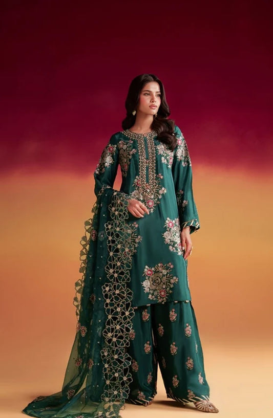 Jhilmil by Al Karim Embroidered Silk Stitched 3 Piece Suit - KALVI VX-202 - AK26JHL - Green - Festive Collection