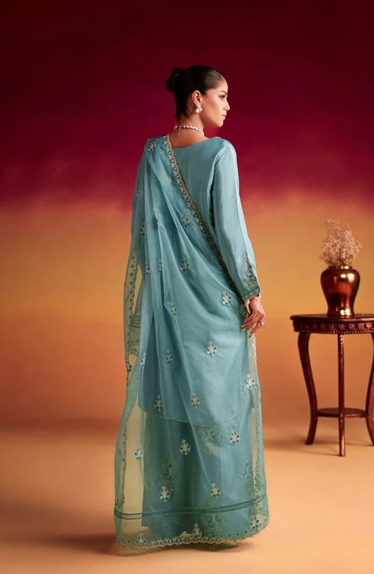 Jhilmil by Al Karim Embroidered Silk Stitched 3 Piece Suit - TUNIC VX-198 - AK26JHL - Blue - Festive Collection