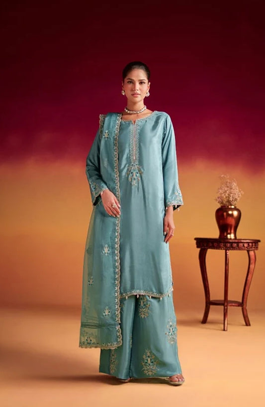 Jhilmil by Al Karim Embroidered Silk Stitched 3 Piece Suit - TUNIC VX-198 - AK26JHL - Blue - Festive Collection
