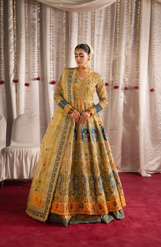 Jhilmil by Maria Osama Khan Embroidered Organza Unstitched 3 Piece Suit - D-002 Sunehri - MOK25JHM - Lime Green - Wedding Collection