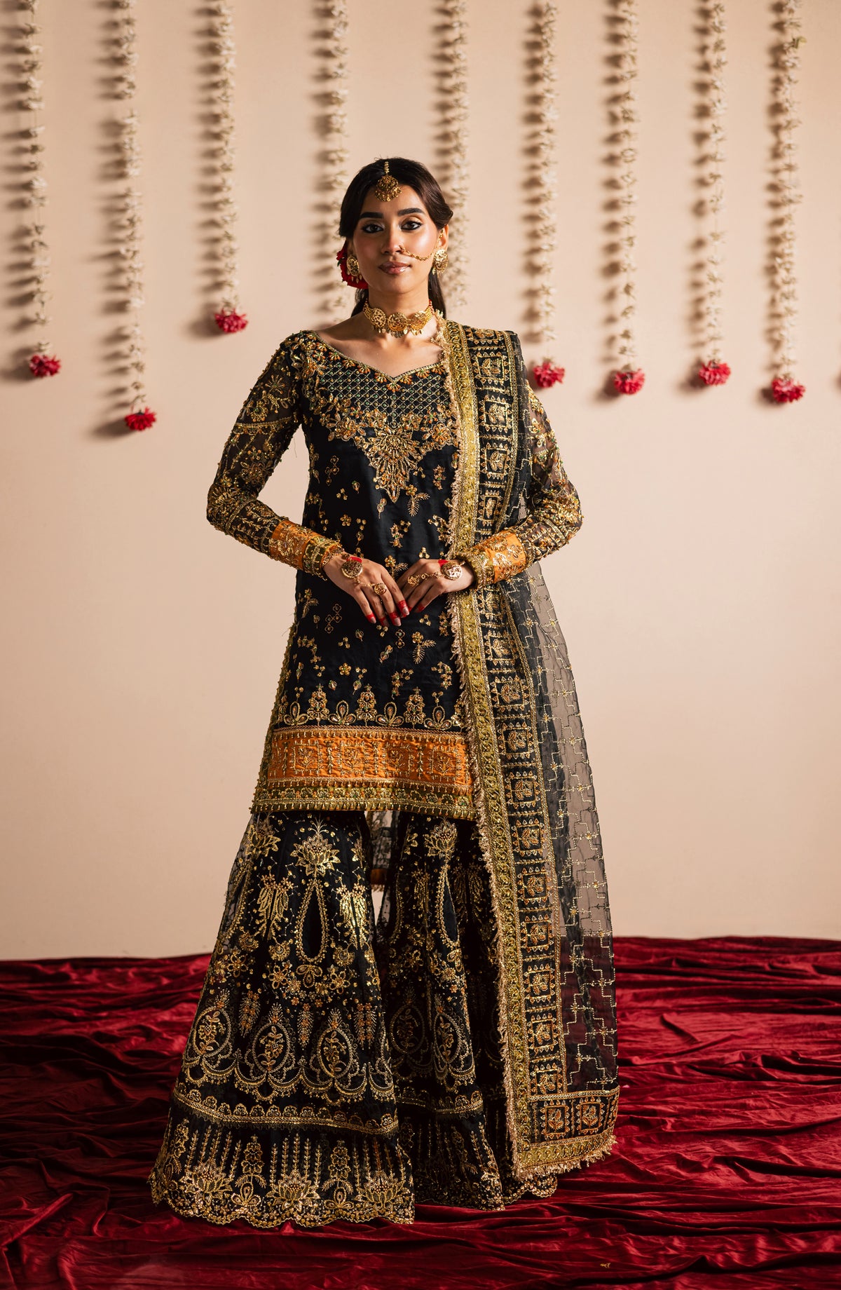 Jhilmil by Maria Osama Khan Embroidered Organza Unstitched 3 Piece Suit - D-005 Surmayi - MOK25JHM - Black - Wedding Collection
