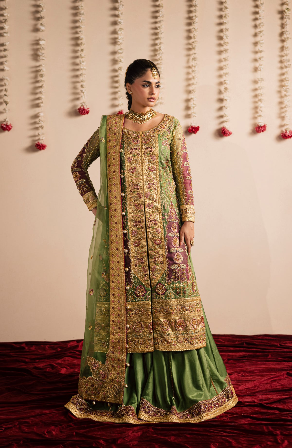 Jhilmil by Maria Osama Khan Embroidered Organza Unstitched 3 Piece Suit - D-006 Shabnum - MOK25JHM - Olive Green - Wedding Collection
