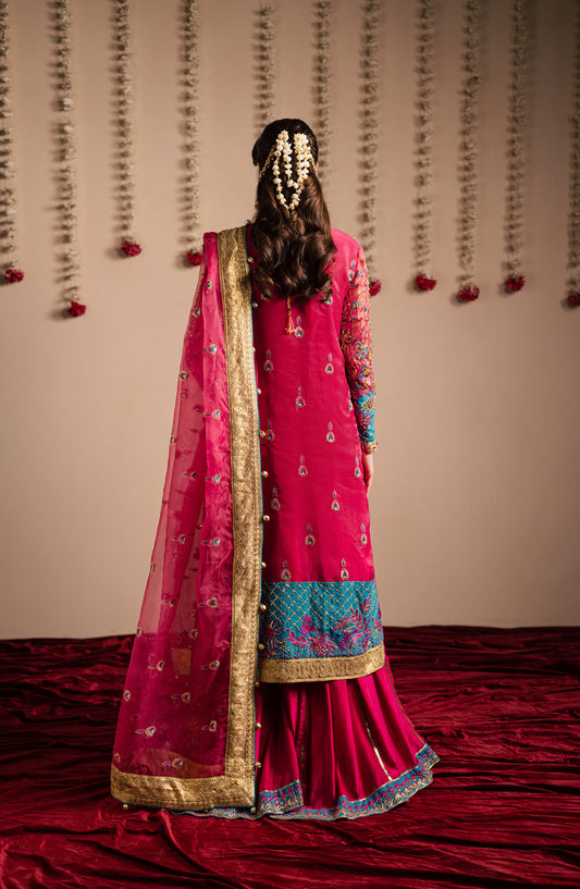 Jhilmil by Maria Osama Khan Embroidered Organza Unstitched 3 Piece Suit - D-007 Gulaboo - MOK25JHM - Fuschia Pink - Wedding Collection