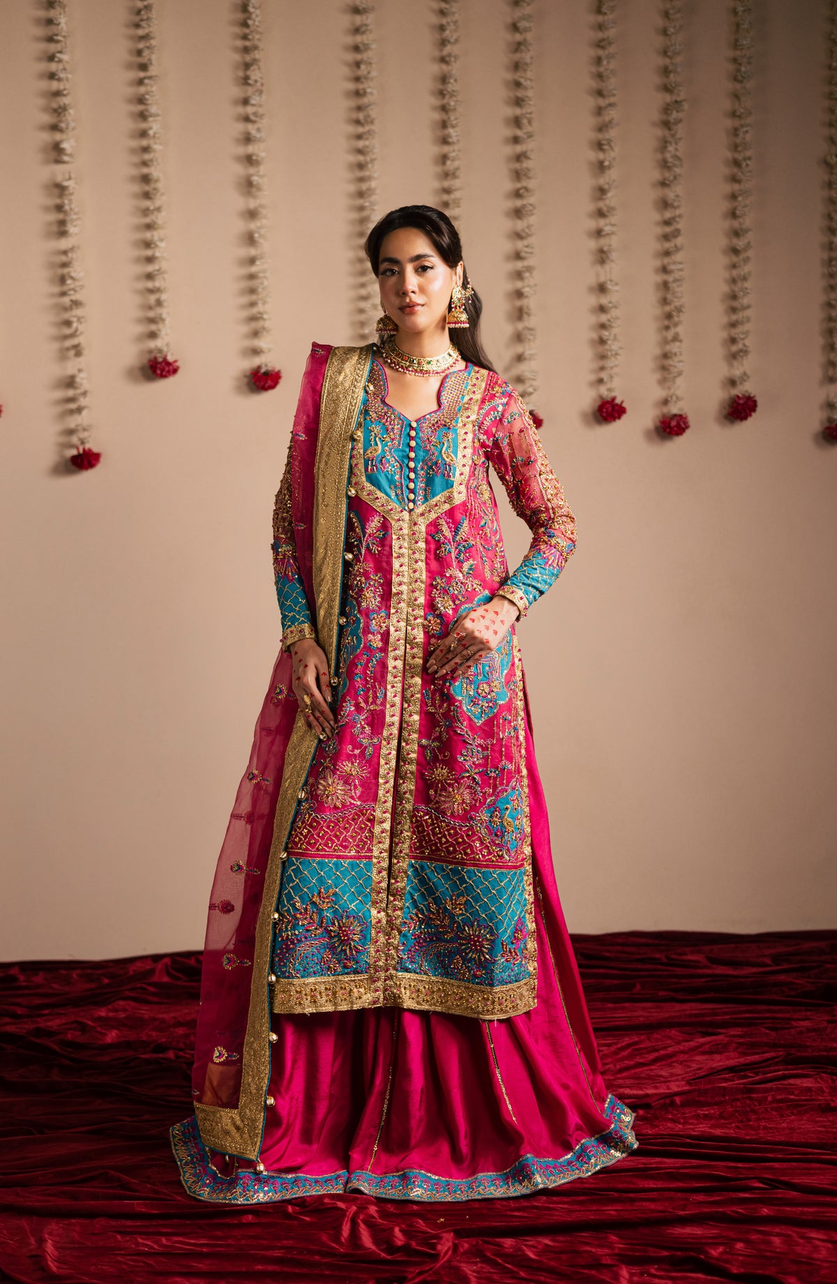 Jhilmil by Maria Osama Khan Embroidered Organza Unstitched 3 Piece Suit - D-007 Gulaboo - MOK25JHM - Fuschia Pink - Wedding Collection