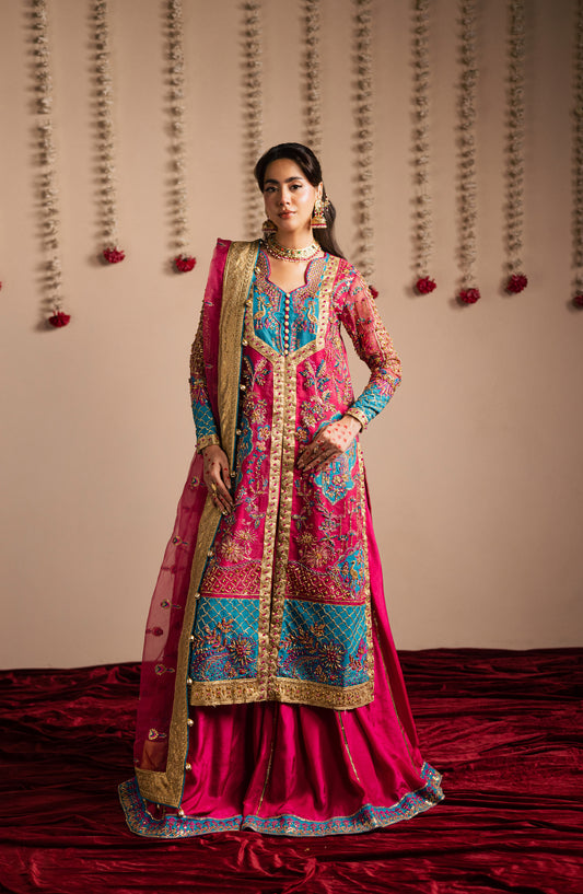 Jhilmil by Maria Osama Khan Embroidered Organza Unstitched 3 Piece Suit - D-007 Gulaboo - MOK25JHM - Fuschia Pink - Wedding Collection