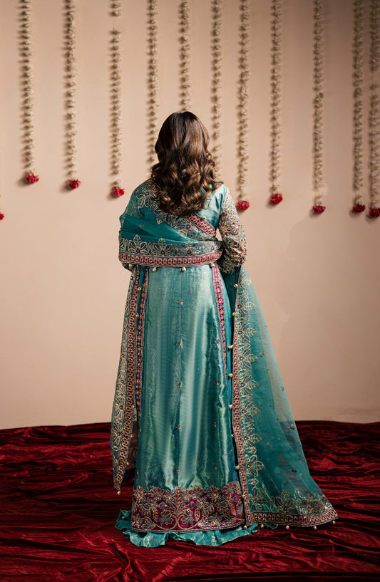 Jhilmil by Maria Osama Khan Embroidered Tissue Unstitched 3 Piece Suit - D-008 Chamkeli - MOK25JHM - Aqua - Wedding Collection