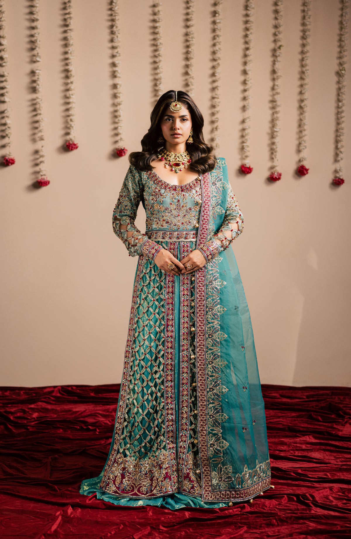 Jhilmil by Maria Osama Khan Embroidered Tissue Unstitched 3 Piece Suit - D-008 Chamkeli - MOK25JHM - Aqua - Wedding Collection