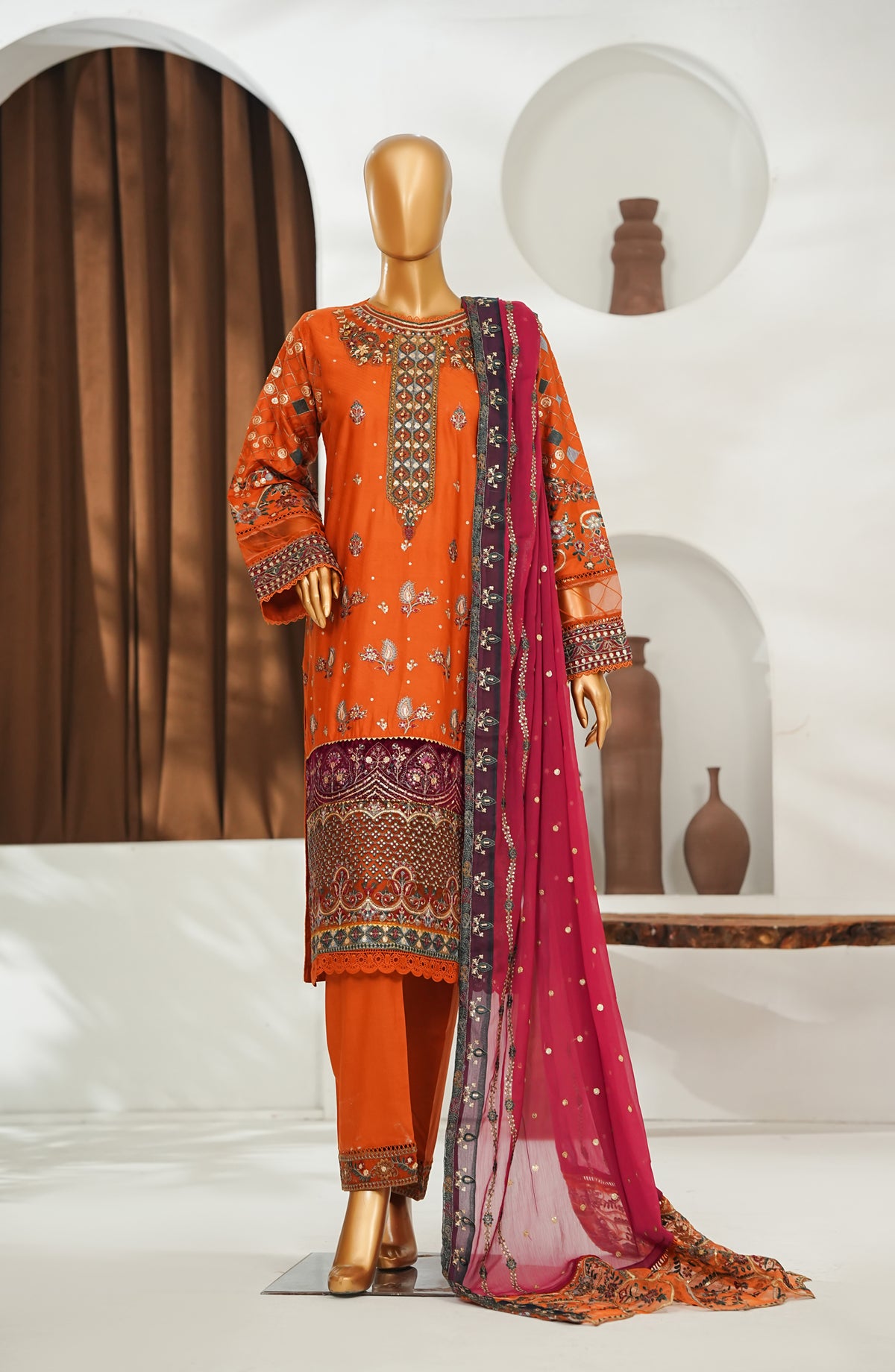 Jhoomar by Amna Khadija Embroidered Lawn Stitched 3 Piece Suit - JSLF-03 - AM26JSLF - Orange - Festive Collection