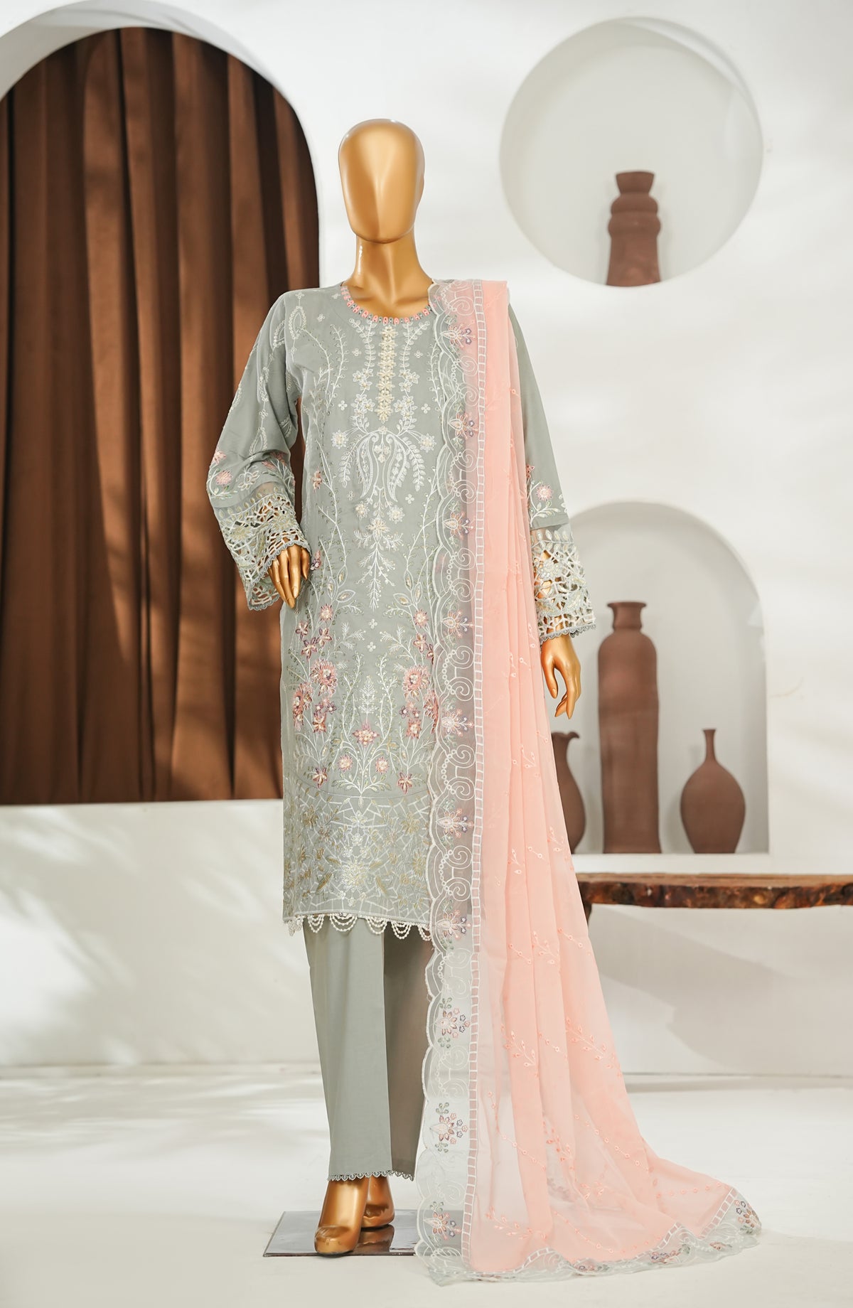 Jhoomar by Amna Khadija Embroidered Lawn Stitched 3 Piece Suit - JSLF-04 - AM26JSLF - Grey - Festive Collection