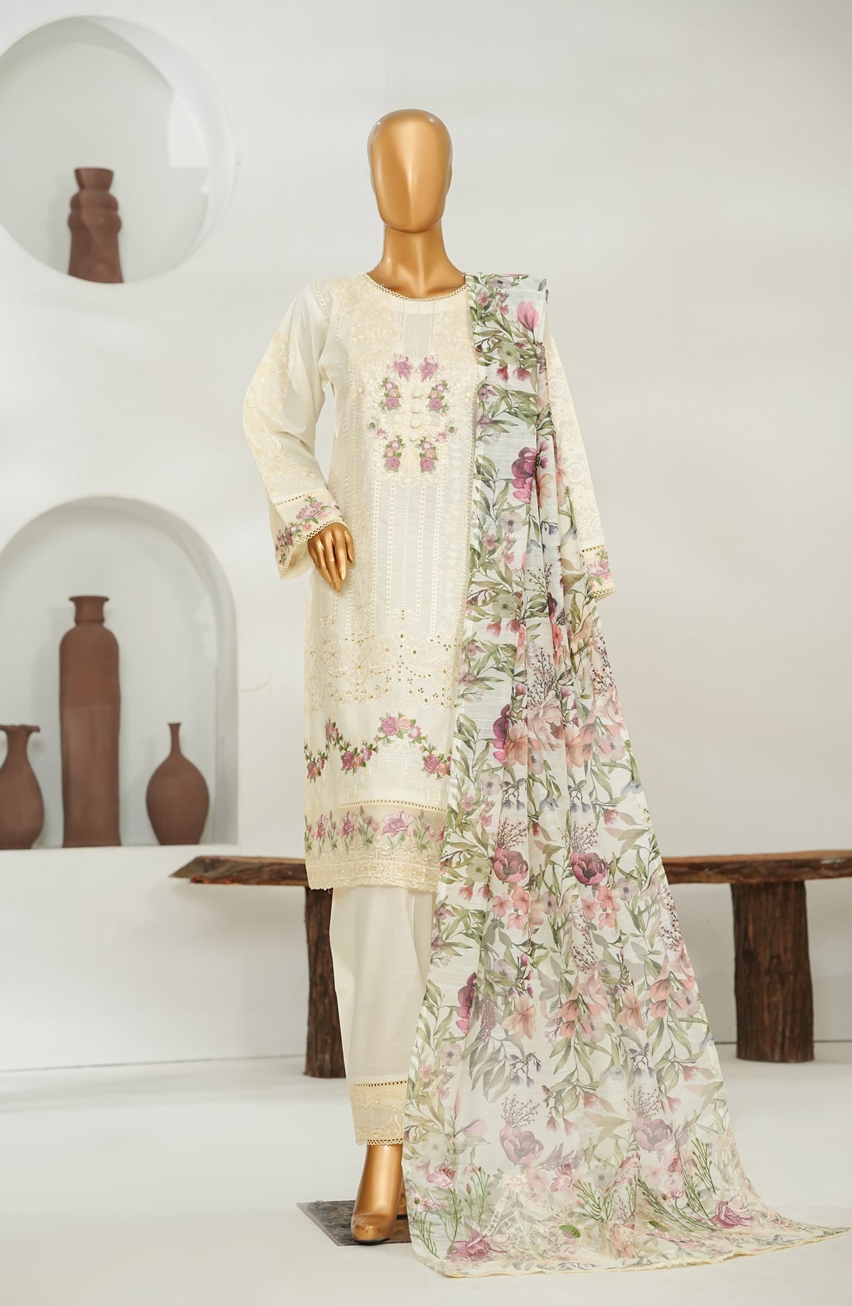 Jhoomar by Amna Khadija Embroidered Lawn Stitched 3 Piece Suit - JSLF-16 - AM26JSLF - White - Festive Collection